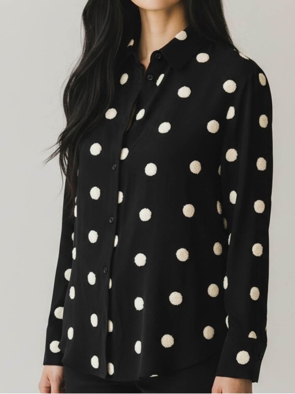 Zara Polka Dot Blouse Black and White Button Up Collared size Medium M